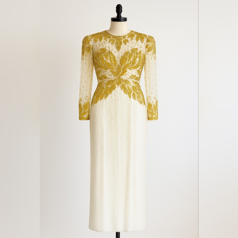 Vintage Interlude California Beaded Silk Gown XXXL Sheer Sleeves, Gold & White